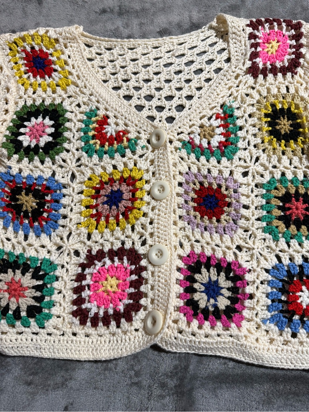 SHEIN Cream Crochet Granny Square Cardigan with Multicolor Accents - Picture 3 of 7